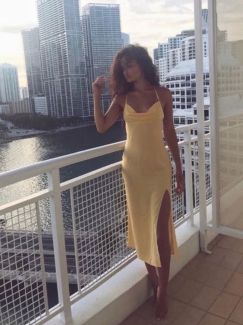 Yellow Slip Midi Dress with Side Slit